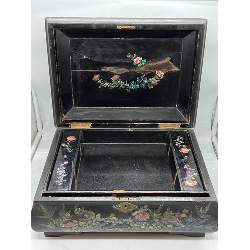 767 - A papier Mache inlaid serving box fitted interior and mother of pearl decoration (H17cm W36cm D27cm)