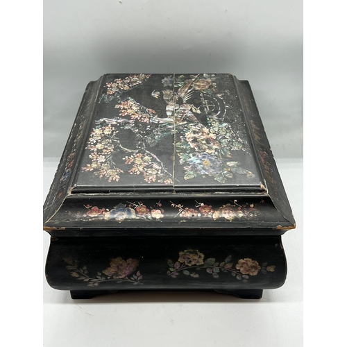 767 - A papier Mache inlaid serving box fitted interior and mother of pearl decoration (H17cm W36cm D27cm)