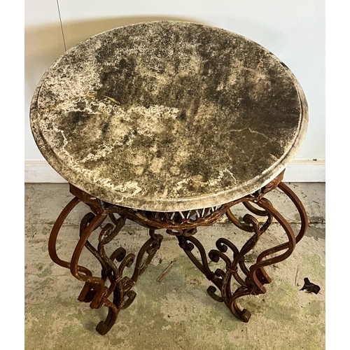 78 - A French marble topped circular table with scrolling iron twin legs (H78cm Dia66cm)