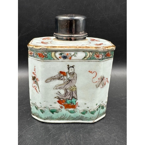 793 - An 19th Century Chinese famille Vert tea caddy with silver Hallmarked lid and collar