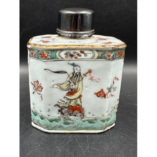 793 - An 19th Century Chinese famille Vert tea caddy with silver Hallmarked lid and collar