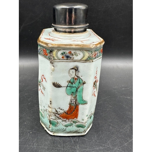 793 - An 19th Century Chinese famille Vert tea caddy with silver Hallmarked lid and collar