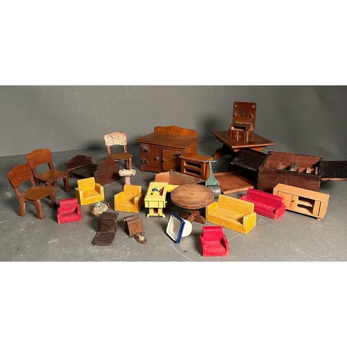 821 - A selection of vintage dolls house furniture to include chairs, sideboard and wardrobe