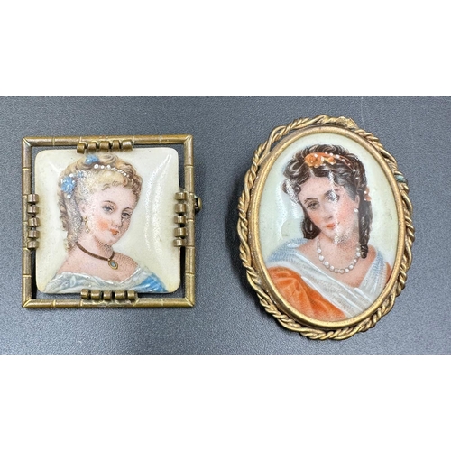 374 - Limoges France porcelain portrait brooch pair from the mid 20th century