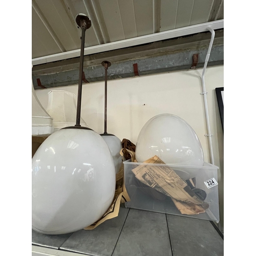 224 - Three industrial 1930's  pendant ceiling lights with opaline glass tulip shades by General Electric ... 