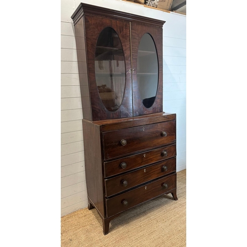 132 - George II style mahogany secretaire bookcase with oval glazed top over drawers folding down to revea... 