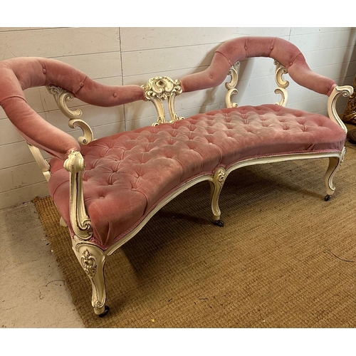 133 - Louis style double spoon back settee in candy pink velvet (H78cm W158cm)