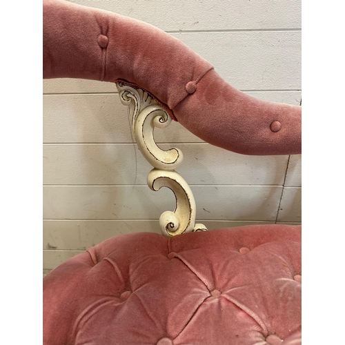 133 - Louis style double spoon back settee in candy pink velvet (H78cm W158cm)