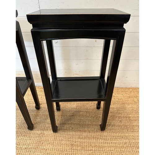 140 - A pair of black Chinese style accent side tables with shelves under (H80cm W40cm D24cm)