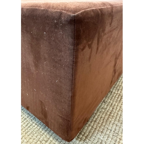 145 - A square brown suede effect footstool or ottoman on brushed metal feet (H40cm SQ75cm)