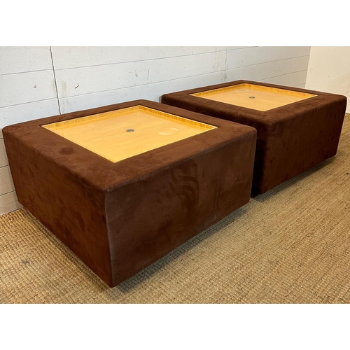 146 - A pair of square brown suede effect ottomans with central  removable wooden trays opening to storage... 