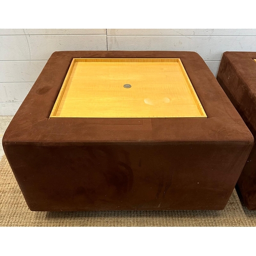 146 - A pair of square brown suede effect ottomans with central  removable wooden trays opening to storage... 