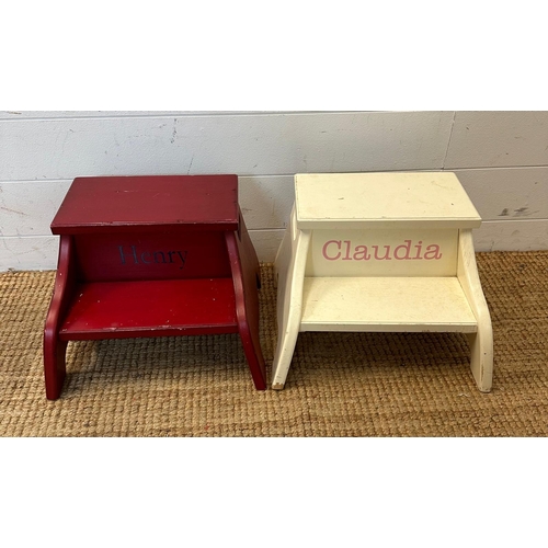 148 - Two personalized children's step footstools, one in red personalized Henry and the other white perso... 