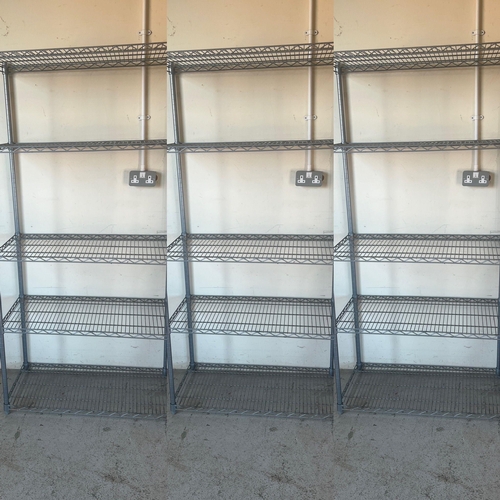 161 - Three metal wire catering shelving unit racks (H180cm W90cm D45cm each)