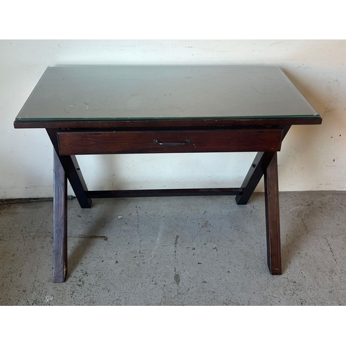 164 - A side table with X frame and drawers to centre (H77cm W106cm D56cm)