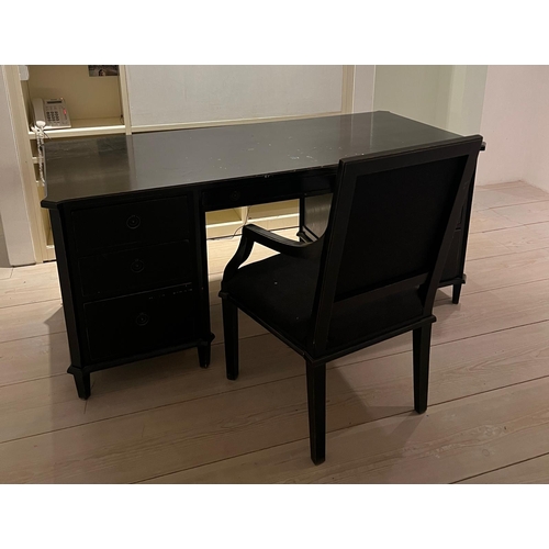 30 - A French ebony style desk with  ring pull handles and matching chair  (H78cm W177cm D81cm)