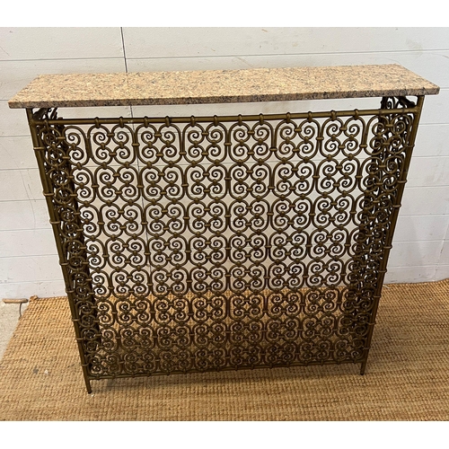 108 - A wrought iron radiator or fire place guard with marble top (H100cm W100cm D25cm)