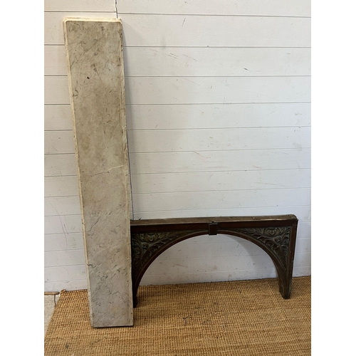 111 - A salvage copper and wooden arch (H57cm W107cm) (marble 162cm x 25cm)