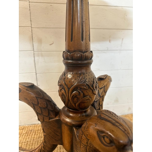 170 - A pedestal tilt top bird cage table in the Georgian style on carved tripod legs featuring eagle head... 