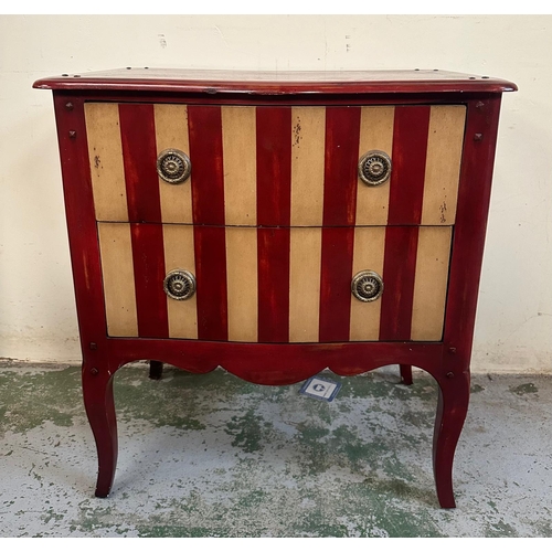 178 - A French red and white striped painted chest of drawers consisting of two long drawers and  circular... 