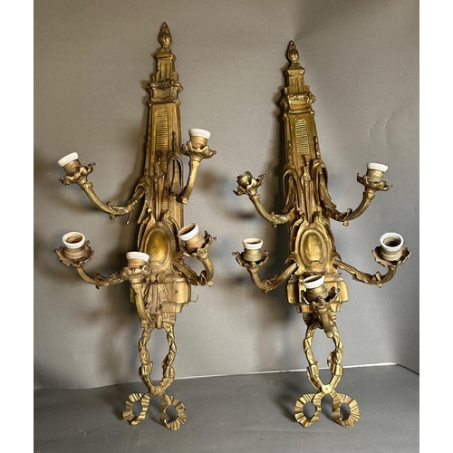 212 - A pair of brass Louis XVI style five arm wall sconces