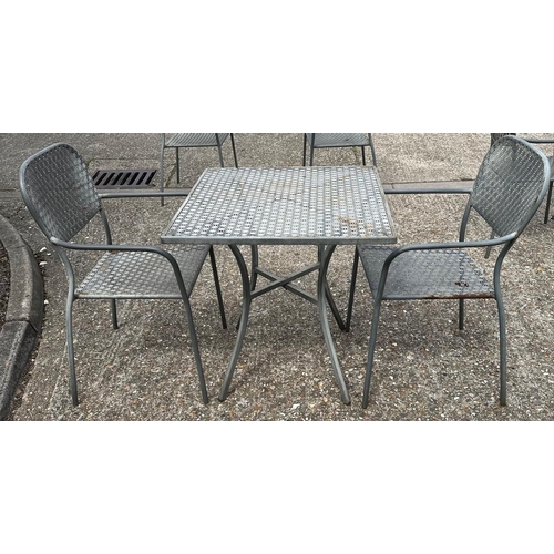 240 - A metal starburst garden table and two chairs (H73cm SQ70cm)