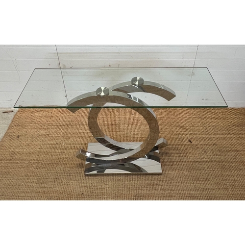 6 - A glass console table with chrome CC design (H58cm W120cm D38cm)