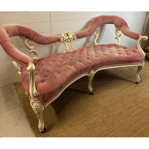 65 - Louis style double spoon back settee in candy pink velvet (H78cm W158cm)