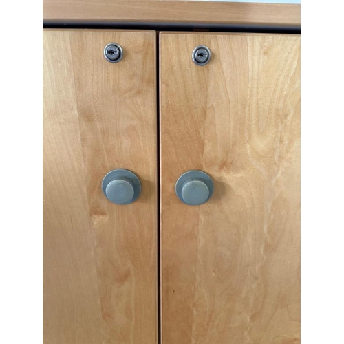 32 - A contemporary office cabinet, two doors opening to four shelves and a filing cabinet to bottom (H12... 