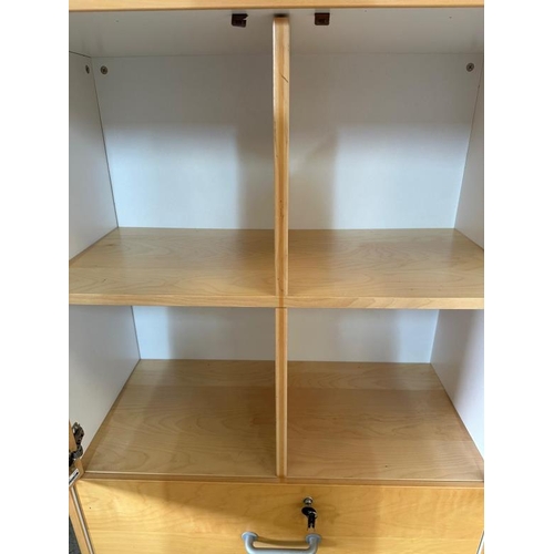 32 - A contemporary office cabinet, two doors opening to four shelves and a filing cabinet to bottom (H12... 