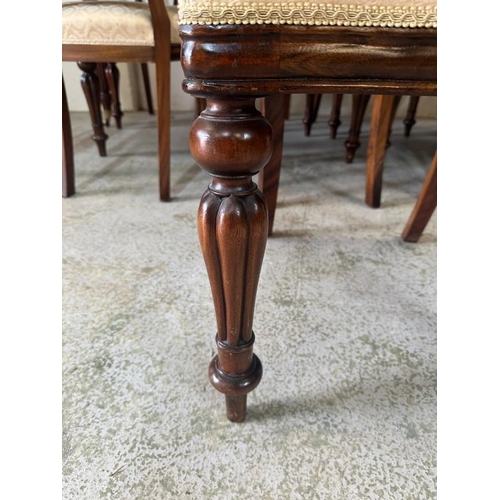 38 - A mahogany extendable dining table on turned and reeded legs ending in castors with six chairs and t... 