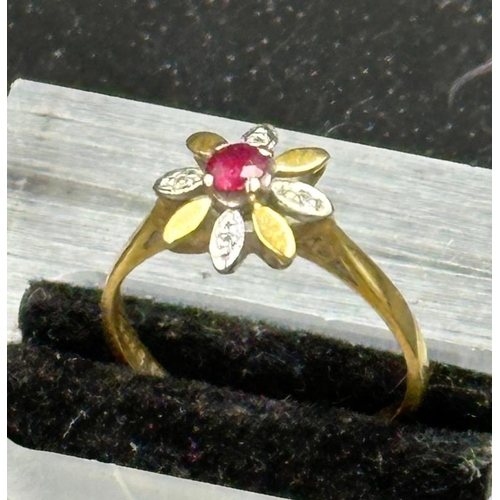 497 - A ruby , diamond and 18ct gold daisy style ring, approximate weight 2.4g