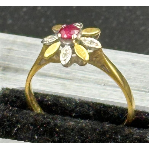 497 - A ruby , diamond and 18ct gold daisy style ring, approximate weight 2.4g