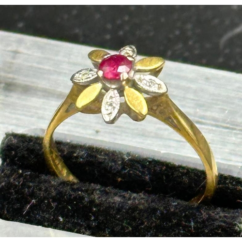 497 - A ruby , diamond and 18ct gold daisy style ring, approximate weight 2.4g