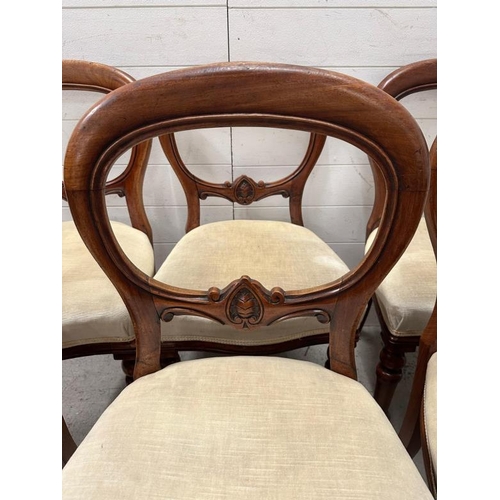 105 - A set of six balloon back chairs on turned front legs in a beige upholstery