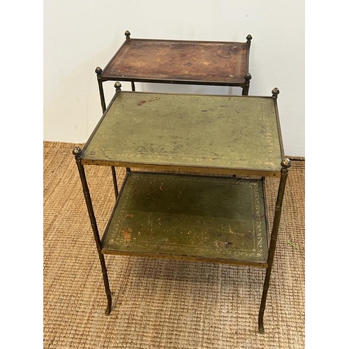 90 - Two brass two tier side tables with leather tops and bamboo effect legs (H60cm W47cm D37cm)
