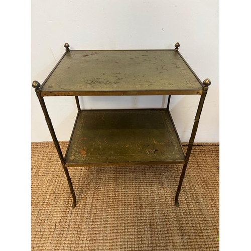 90 - Two brass two tier side tables with leather tops and bamboo effect legs (H60cm W47cm D37cm)