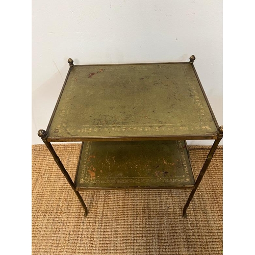 90 - Two brass two tier side tables with leather tops and bamboo effect legs (H60cm W47cm D37cm)