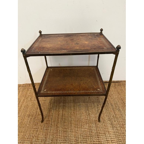 90 - Two brass two tier side tables with leather tops and bamboo effect legs (H60cm W47cm D37cm)