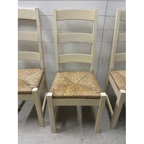 183 - Four contemporary white painted slat back chairs with rush seating AF