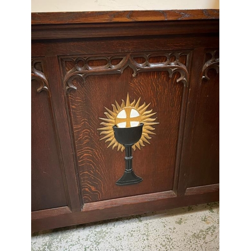 2 - A carved oak church altar table, three panels to front and carved inlay of chalice with cross, L183 ... 