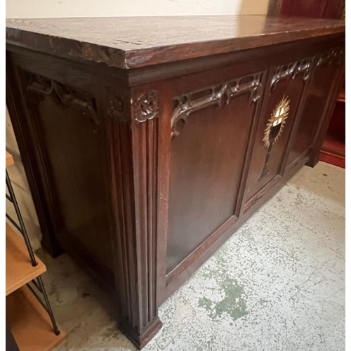 2 - A carved oak church altar table, three panels to front and carved inlay of chalice with cross, L183 ... 