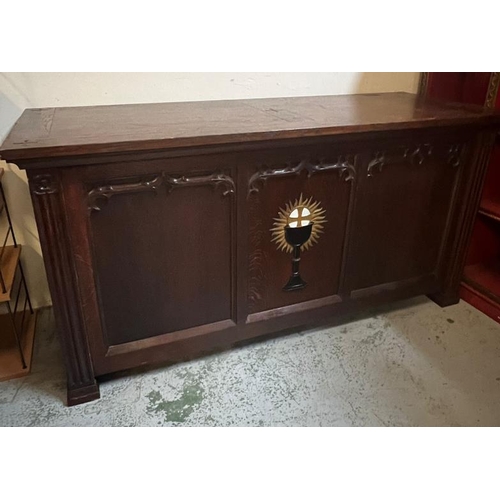 2 - A carved oak church altar table, three panels to front and carved inlay of chalice with cross, L183 ... 