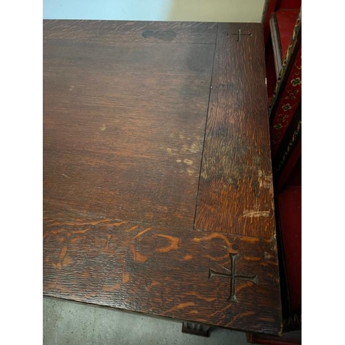 2 - A carved oak church altar table, three panels to front and carved inlay of chalice with cross, L183 ... 