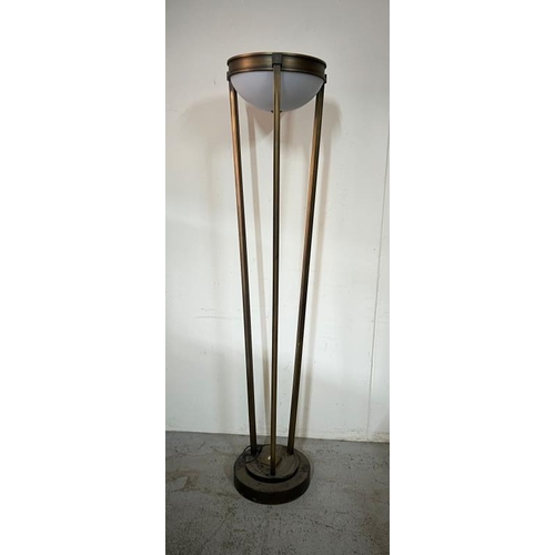 223 - Art deco style floor lamp, Dome light with three brass supports terminating at a circular base, H200... 