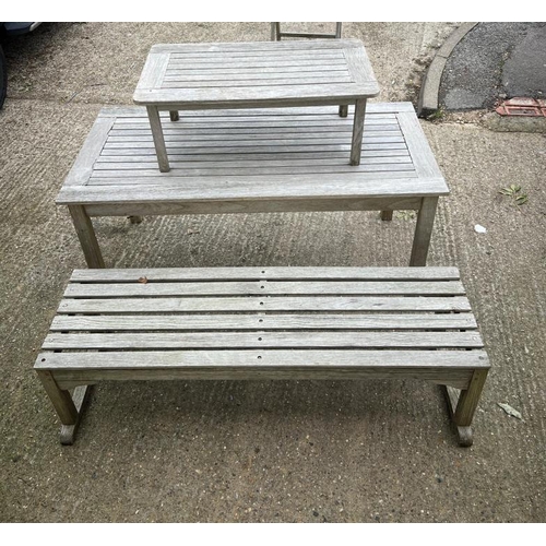 240 - Two wooden slatted tables and one bench,  table-  149 X 70 X H68cm, 91 X 50 X H55cm, Bench - 149 X 4... 
