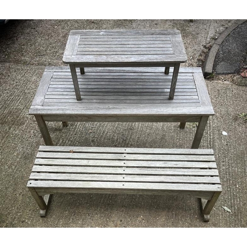 240 - Two wooden slatted tables and one bench,  table-  149 X 70 X H68cm, 91 X 50 X H55cm, Bench - 149 X 4... 