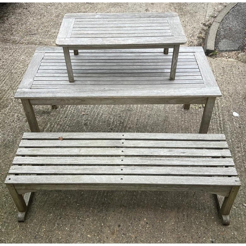 240 - Two wooden slatted tables and one bench,  table-  149 X 70 X H68cm, 91 X 50 X H55cm, Bench - 149 X 4... 