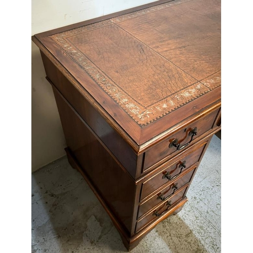 41 - Pedestal desk with leather inlaid top and drop handles, H78 X D60 X W124cm