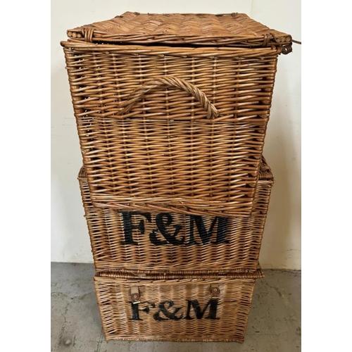 49 - Three F and M wicker baskets (H40cm W60cm D40cm)